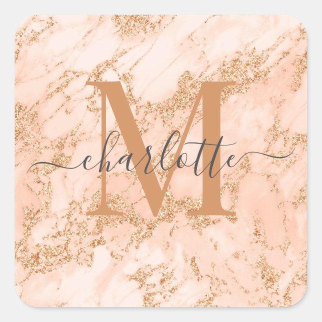 Girly Gold Glitter Blush Pink Marble Monogram Name Square Sticker (Front)