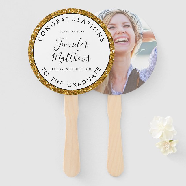 Girly Gold Glitter Graduation School Class Photo Hand Fan (Front and Back)