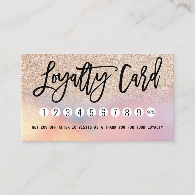 Girly Gold Glitter Iridescent Holographic Ombre Loyalty Card (Front)