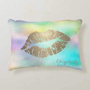 Girly Gold  Glitter Lips Holographic Iridescent Decorative Cushion