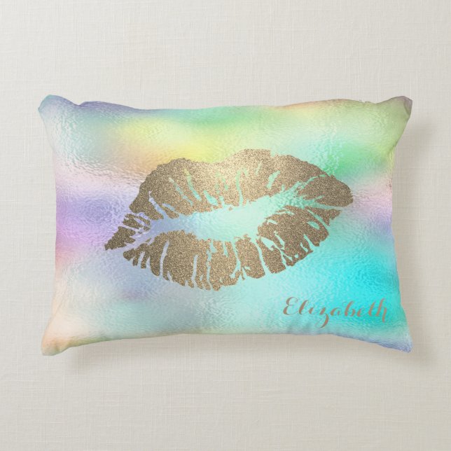 Girly Gold  Glitter Lips Holographic Iridescent Decorative Cushion (Front)