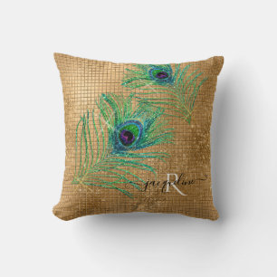 Girly Gold Glitter Modern Sparkle Peacock Feathers Cushion