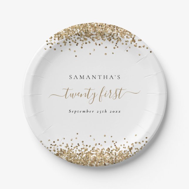 Girly Gold Glitter Name Date Twenty First Party Paper Plate (Front)