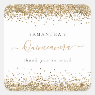 Girly Gold Glitter Name Quinceañera Thank You Square Sticker