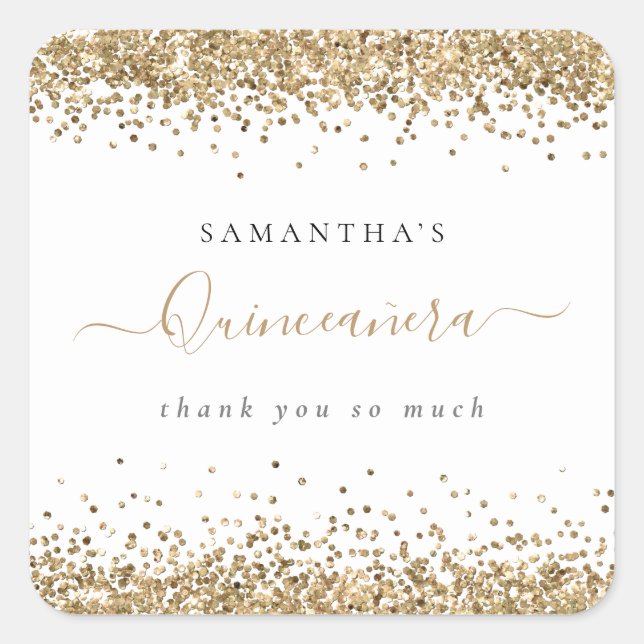 Girly Gold Glitter Name Quinceañera Thank You Square Sticker (Front)