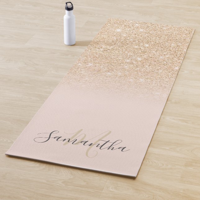Girly gold glitter ombre pink monogrammed yoga mat (In Situ)