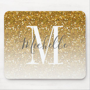 Girly Gold Glitter Ombre Sparkle Monogram Name Mouse Mat