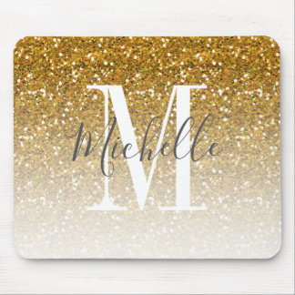 Girly Gold Glitter Ombre Sparkle Monogram Name Mouse Mat