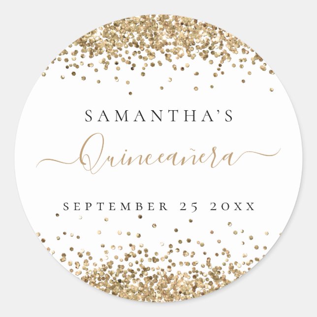  Girly Gold Glitter Quinceañera Name Date Classic Round Sticker (Front)