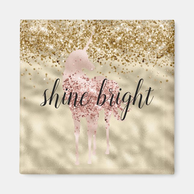 Girly Gold Glitter Sparkle Confetti Pink Unicorn Magnet (Front)