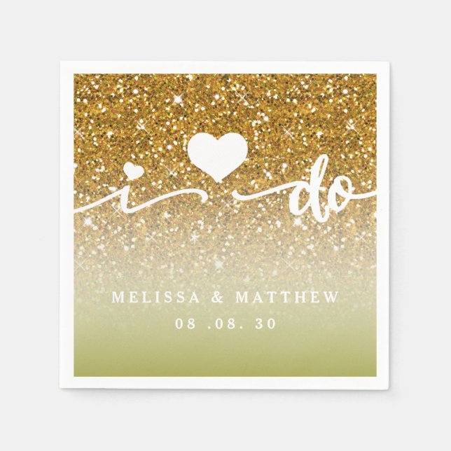 Girly Gold Glitter Sparkle I Do Names Wedding Napkin (Front)