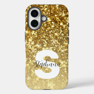 Girly Gold Glitter Sparkles Monogram Script Name iPhone 16 Case
