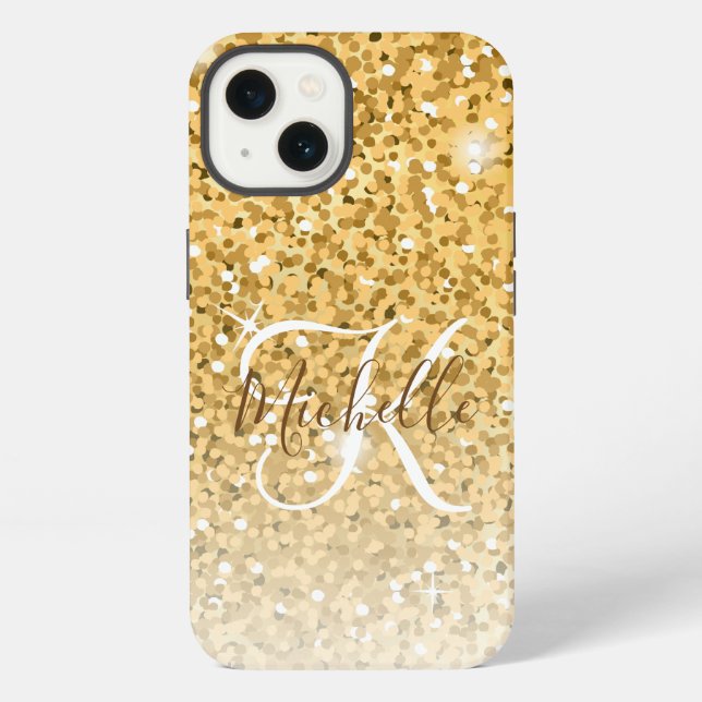 Girly Gold Glitter Sparkles Monogram Script Name iPhone Case (Back)