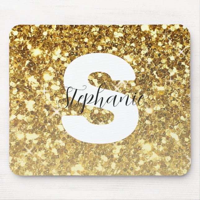 Girly Gold Glitter Sparkles Monogram Script Name Mouse Mat (Front)