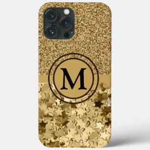 Girly Gold Glitter Stars Monogram iPhone 13 Pro Max Case