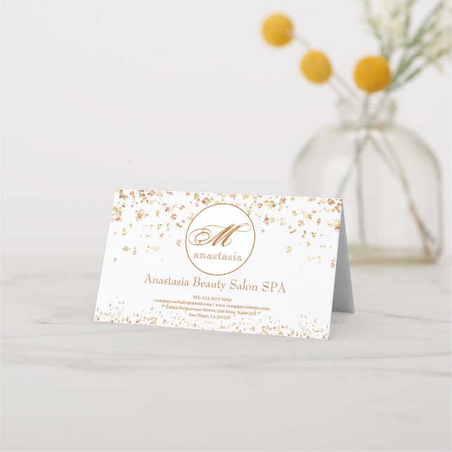 Girly Gold Glittery Luxury Monogram Beauty Salon Appointment Card (Front)