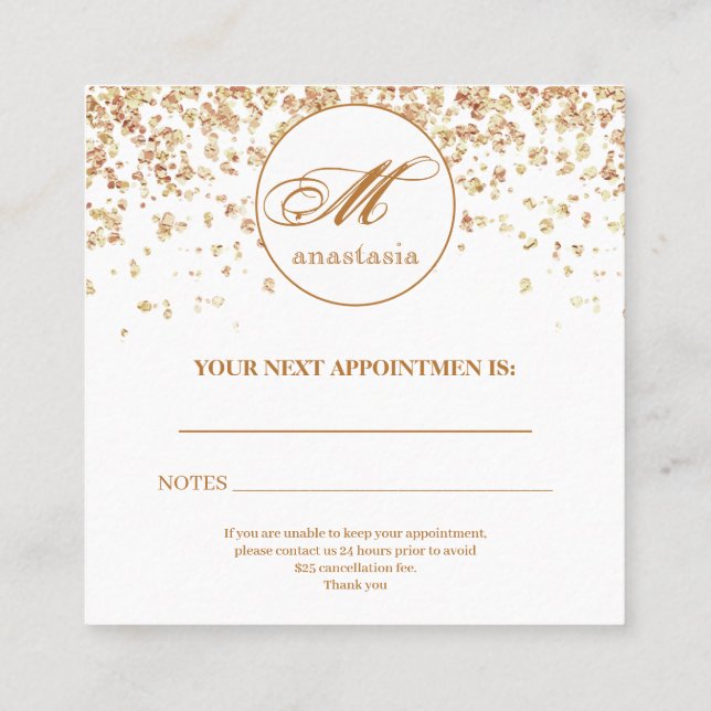 Girly Gold Glittery Luxury Monogram Beauty Salon Appointment Card (Back)