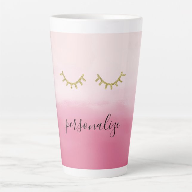 Girly Gold Glitz Eyelashes Pink Ombre Latte Mug (Front)