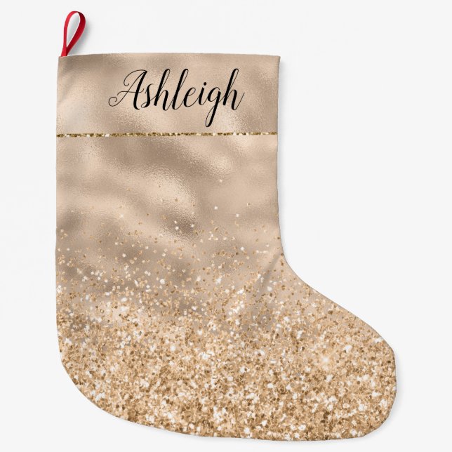 Girly Gold Glitzy Glitter Sparkle Name Large Christmas Stocking (Front)