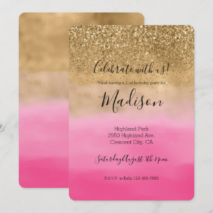 Girly Gold Glitzy Sparkle Glitter Pink Ombre Invitation