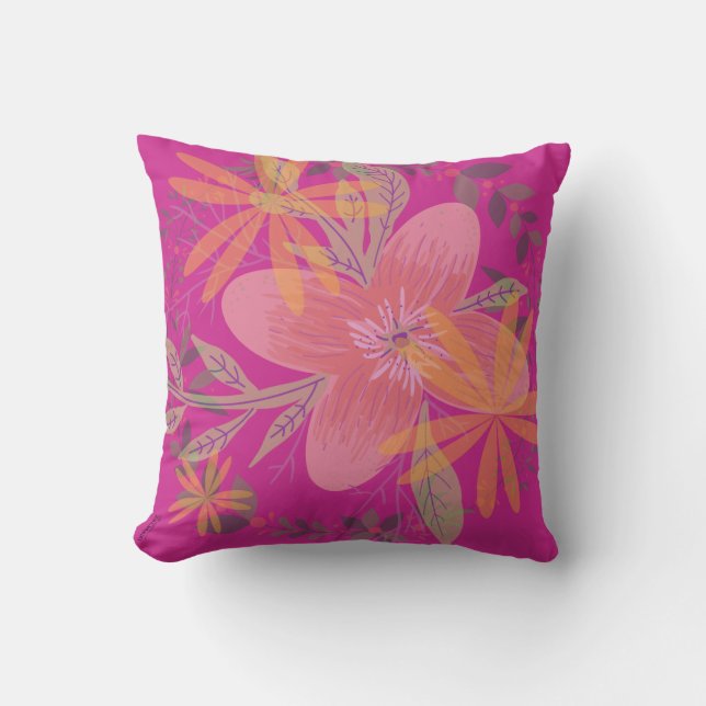 Girly Gold Leaf Fuchsia Flower Cushion (Front)