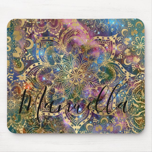 Girly Gold Mandala Galaxy Custom Name Monogram Mouse Mat (Front)