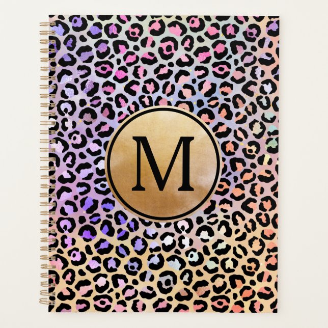 Girly Gold Monogram Iridescent Rainbow Leopard Planner (Front)