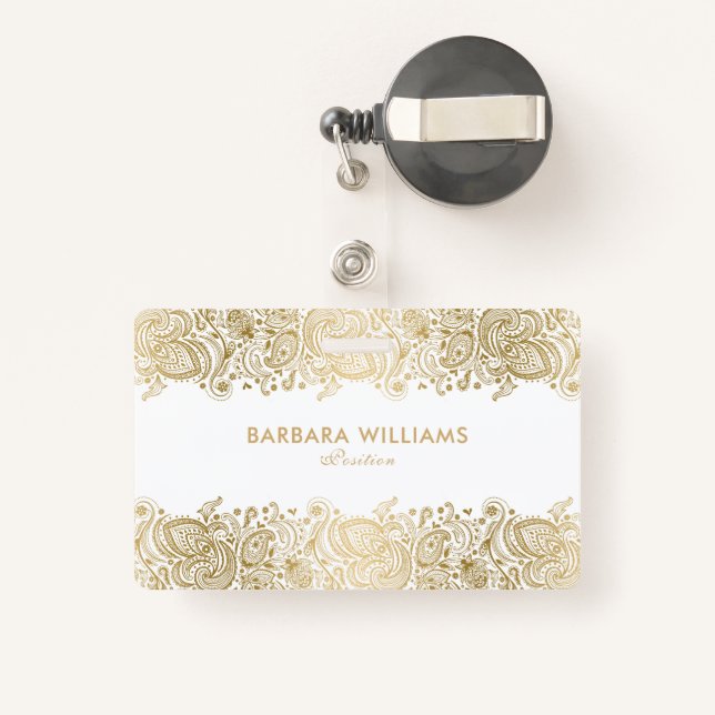 Girly Gold On White Floral Paisley Lace ID Badge (Back with Retractable)