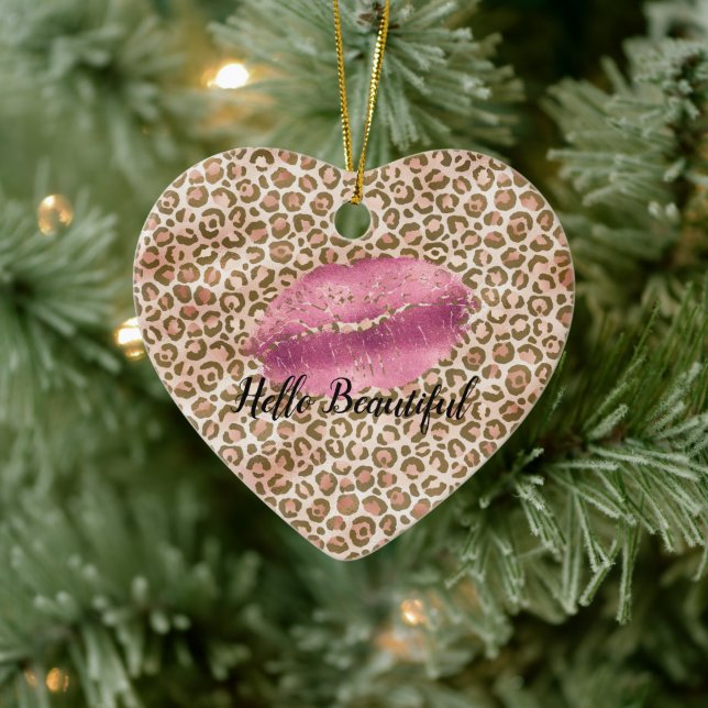 Girly Gold Peach Leopard Print Pink Lips Kiss Ceramic Tree Decoration (Tree)