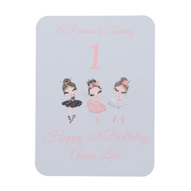 Girly Gold Pink Ballerina Princess 1st Birthday Magnet (Vertical)