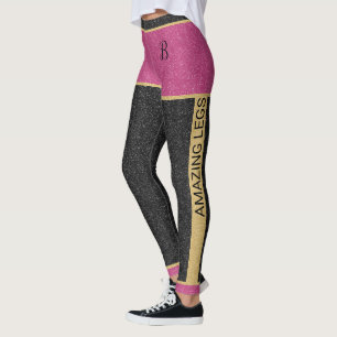 Girly Gold Pink Black Glitter Customisable Initial Leggings
