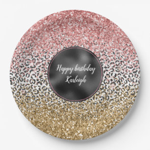 Girly Gold Pink Black White Leopard Print Glitter Paper Plate