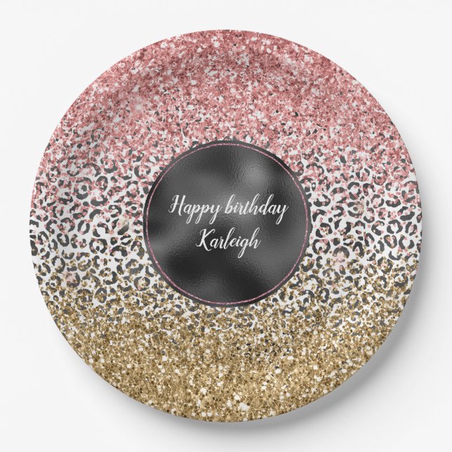 Girly Gold Pink Black White Leopard Print Glitter Paper Plate (Front)
