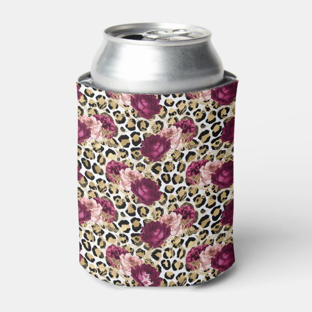Girly Gold Pink Floral Leopard Print Can Cooler (Can Front)