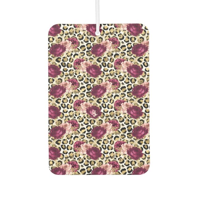 Girly Gold Pink Floral Leopard Print Car Air Freshener (Front)