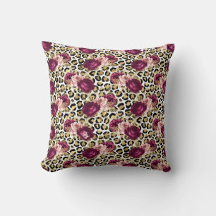 Girly Gold Pink Floral Leopard Print Cushion