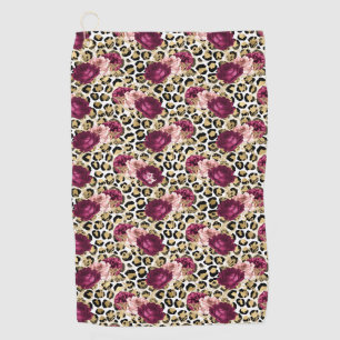 Girly Gold Pink Floral Leopard Print Golf Towel