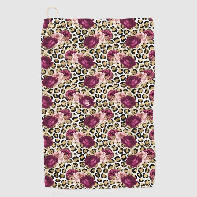 Girly Gold Pink Floral Leopard Print Golf Towel (Front)