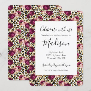 Girly Gold Pink Floral Leopard Print Invitation