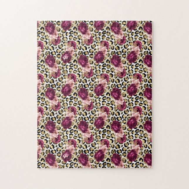 Girly Gold Pink Floral Leopard Print Jigsaw Puzzle (Vertical)