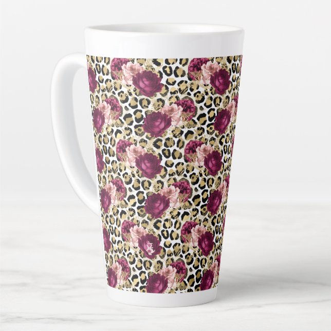 Girly Gold Pink Floral Leopard Print Latte Mug (Left Angle)