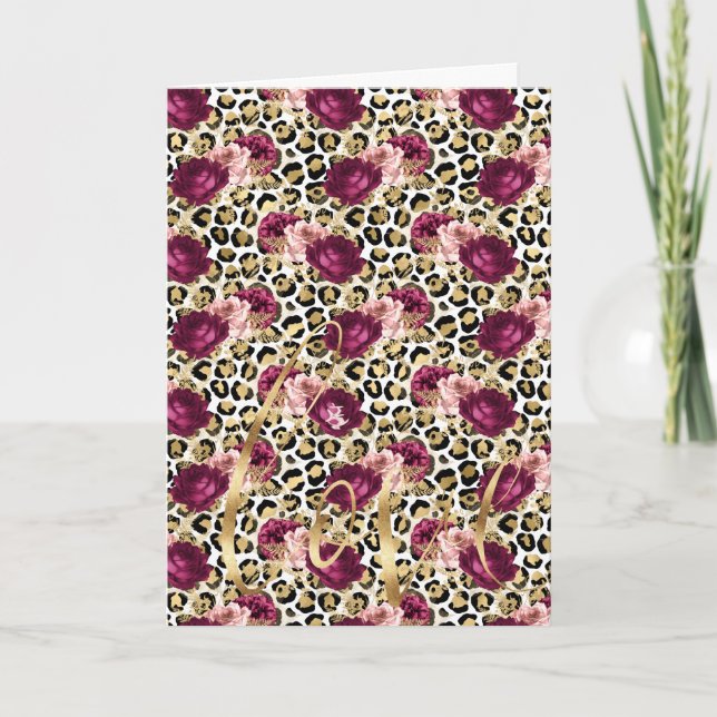 Girly Gold Pink Floral Leopard Print Love Card (Front)