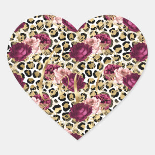 Girly Gold Pink Floral Leopard Print Love Heart Sticker