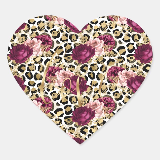 Girly Gold Pink Floral Leopard Print Love Heart Sticker (Front)