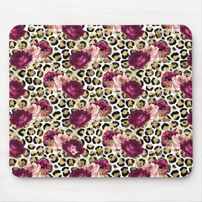 Girly Gold Pink Floral Leopard Print Mouse Mat (Front)