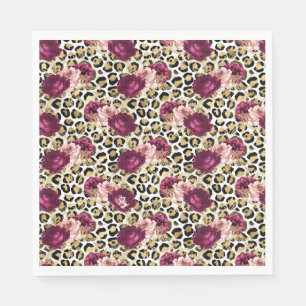 Girly Gold Pink Floral Leopard Print Napkin