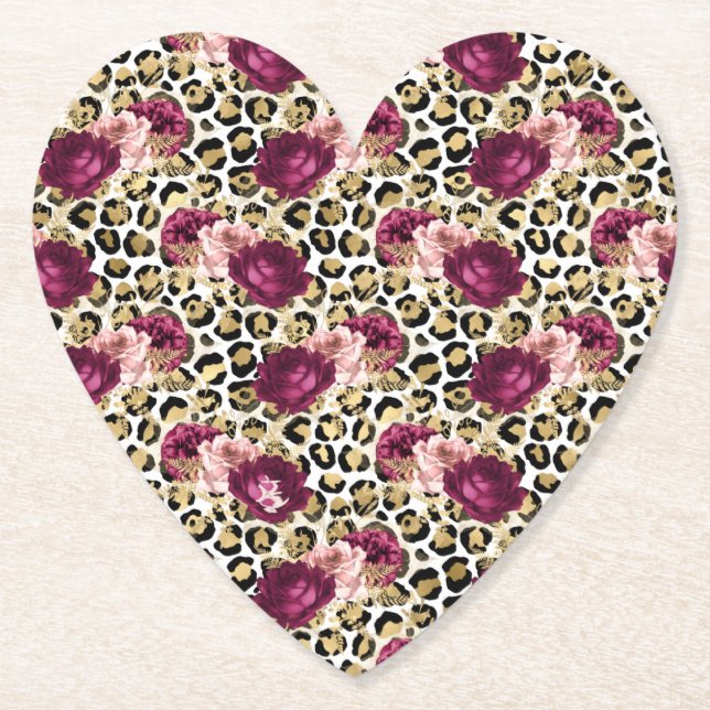 Girly Gold Pink Floral Leopard Print Paper Coaster (Front)