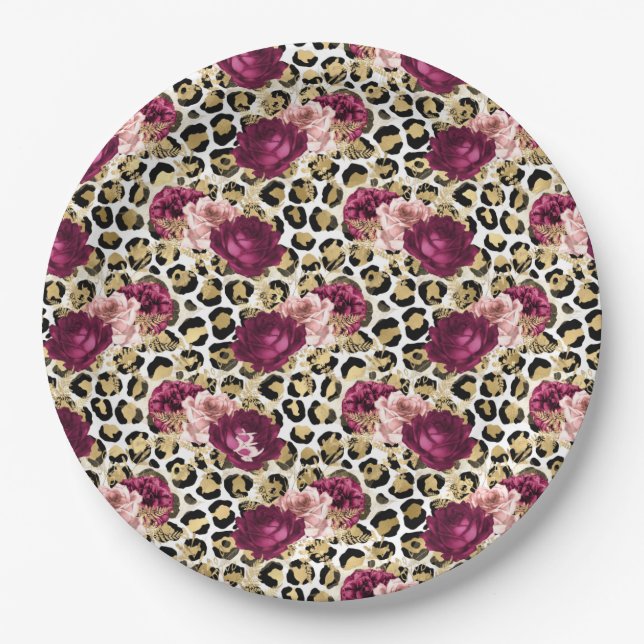 Girly Gold Pink Floral Leopard Print Paper Plate (Front)