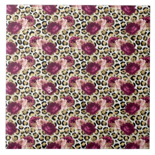 Girly Gold Pink Floral Leopard Print Tile