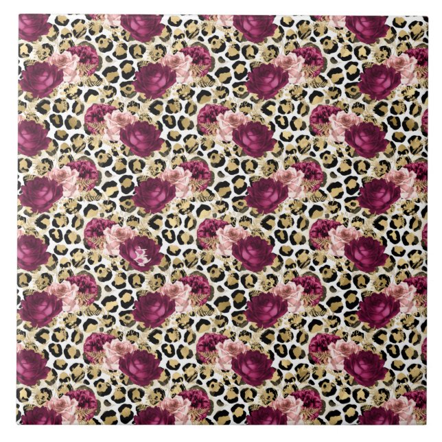 Girly Gold Pink Floral Leopard Print Tile (Front)